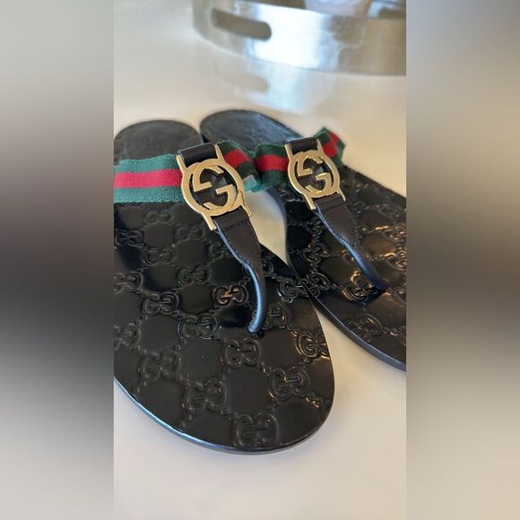 Gucci Interlocking GG Thong Sandals EU 39 US 9 Black Monogram Flat Flip Flop - Picture 3 of 7